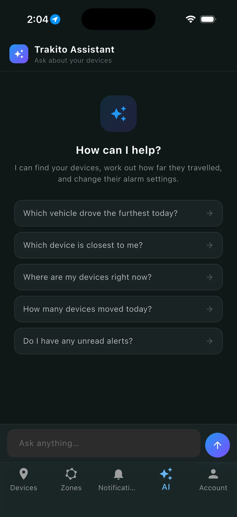 Assistente TRAKITO AI nell’app TRAKITO